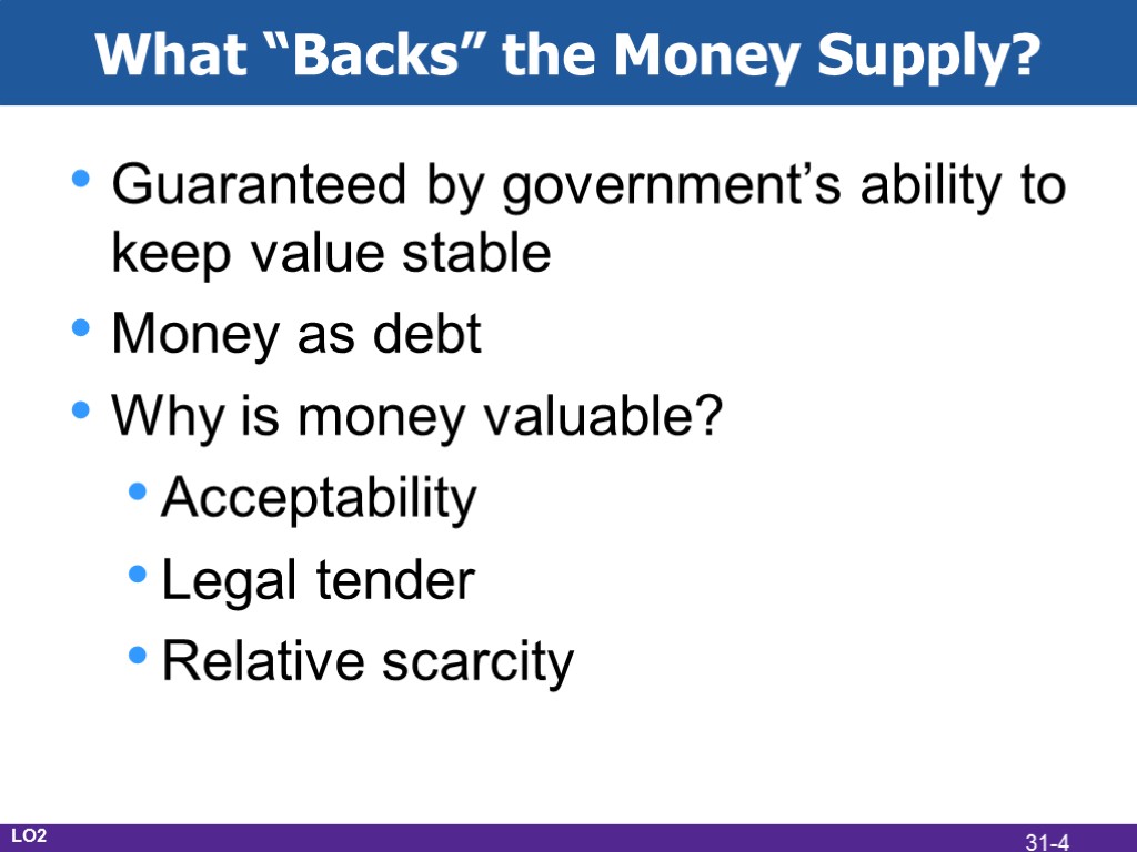 What “Backs” the Money Supply? Guaranteed by government’s ability to keep value stable Money